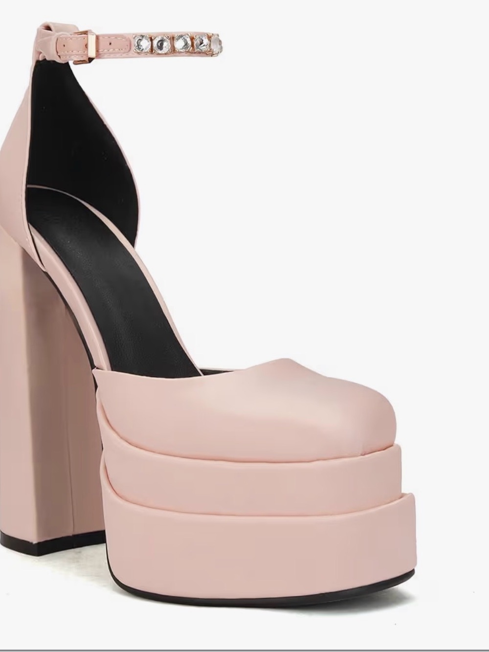 Chunky Platform Rhinestone Ankle Strap Block Heel Pumps in Blush Pink